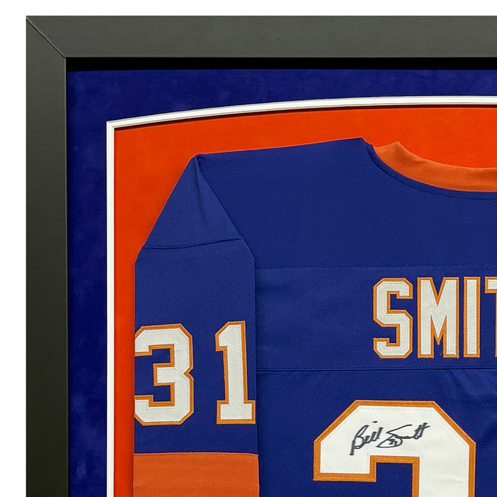 Billy Smith Signed HOF 93 New York Blue Custom Suede Matte Framed Hockey Jersey (JSA)