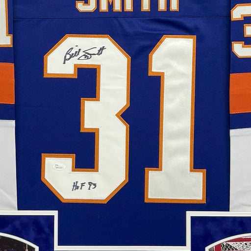 Billy Smith Signed HOF 93 New York Blue Custom Suede Matte Framed Hockey Jersey (JSA)