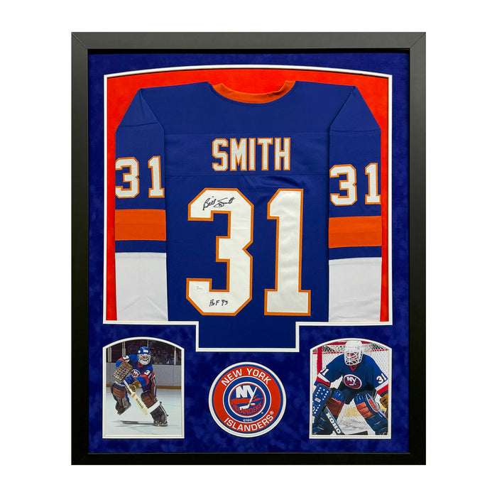 Billy Smith Signed HOF 93 New York Blue Custom Suede Matte Framed Hockey Jersey (JSA)