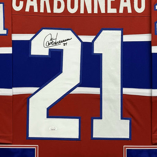 Guy Carbonneau Signed Red Custom Suede Matte Framed Hockey Jersey (JSA)