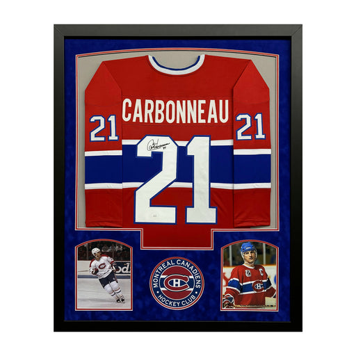 Guy Carbonneau Signed Red Custom Suede Matte Framed Hockey Jersey (JSA)