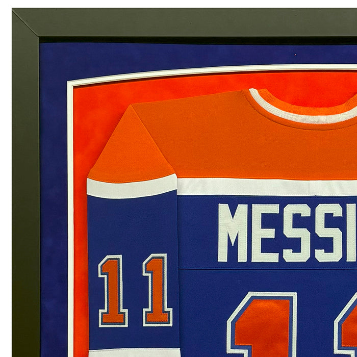 Mark Messier Signed Blue Custom Suede Matte Framed Hockey Jersey (JSA)