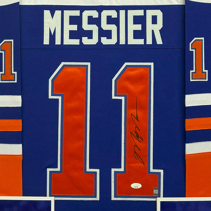 Mark Messier Signed Blue Custom Suede Matte Framed Hockey Jersey (JSA)