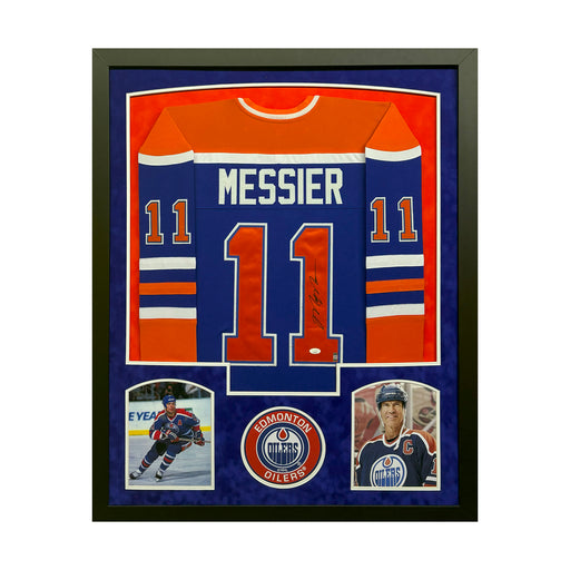 Mark Messier Signed Blue Custom Suede Matte Framed Hockey Jersey (JSA)