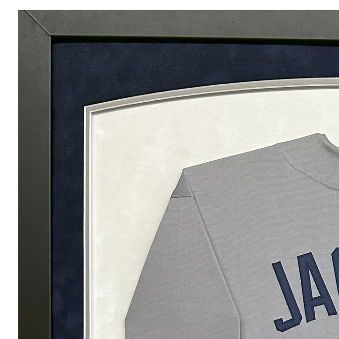 Reggie Jackson Signed New York Gray Stat Custom Suede Matte Framed Baseball Jersey