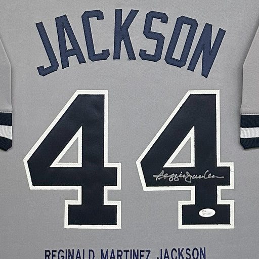 Reggie Jackson Signed New York Gray Stat Custom Suede Matte Framed Baseball Jersey