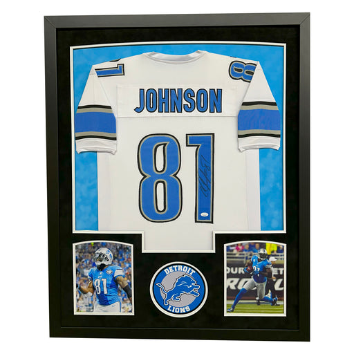 Calvin Johnson Signed Detroit White Custom Suede Matte Framed Football Jersey