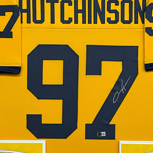 Aidan Hutchinson Signed Michigan Yellow Custom Suede Matte Framed Football Jersey