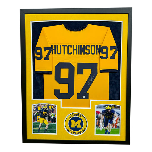 Aidan Hutchinson Signed Michigan Yellow Custom Suede Matte Framed Football Jersey