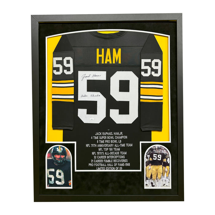 Jack Ham Signed HOF 88 Pittsburgh Black Stat Throwback Custom Suede Matte Framed Football Jersey (Copy)