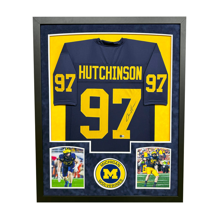 Aidan Hutchinson Signed Michigan Blue Custom Suede Matte Framed Football Jersey