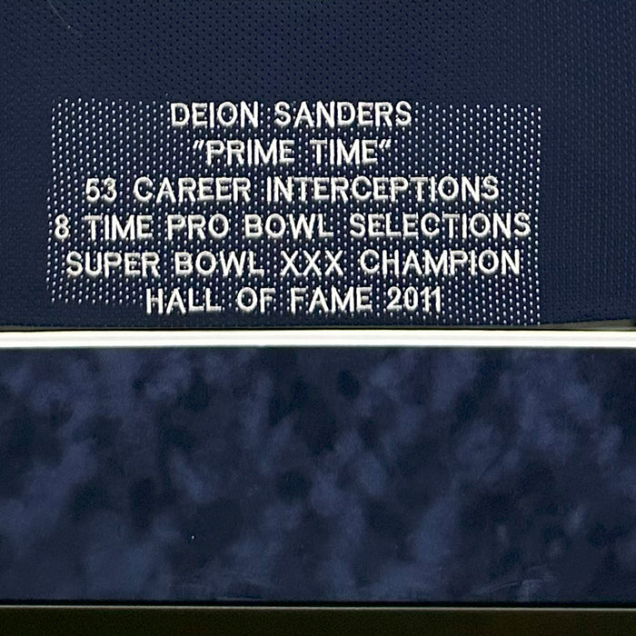 Deion Sanders Signed Dallas Blue Stat Suede Matte Framed Football Jersey