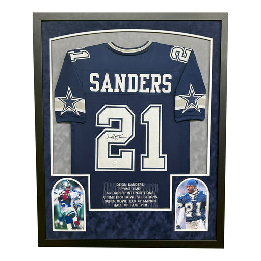 Deion Sanders Signed Dallas Blue Stat Suede Matte Framed Football Jersey