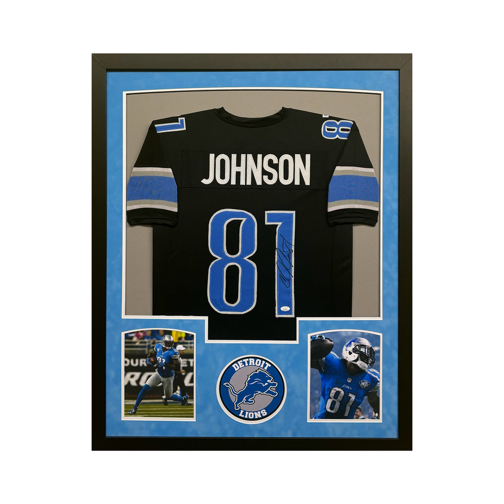 Calvin Johnson Signed Detroit Black Custom Suede Matte Framed Football Jersey