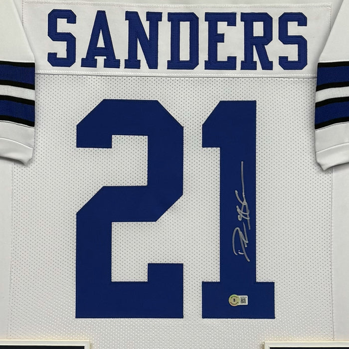 Deion Sanders Signed Dallas White Custom Suede Matte Framed Football Jersey (Beckett)