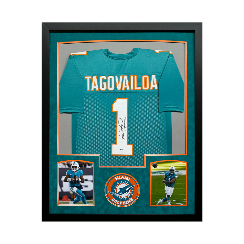 Tua Tagovailoa Signed Miami Teal Custom Suede Matte Framed Football Jersey