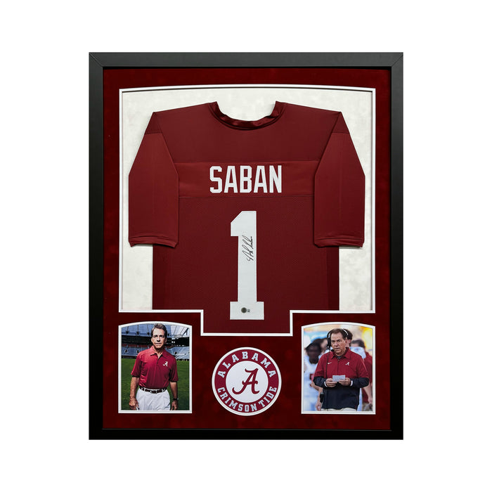 Nick Saban Signed Alabama Crimson Custom Suede Matte Framed Football Jersey