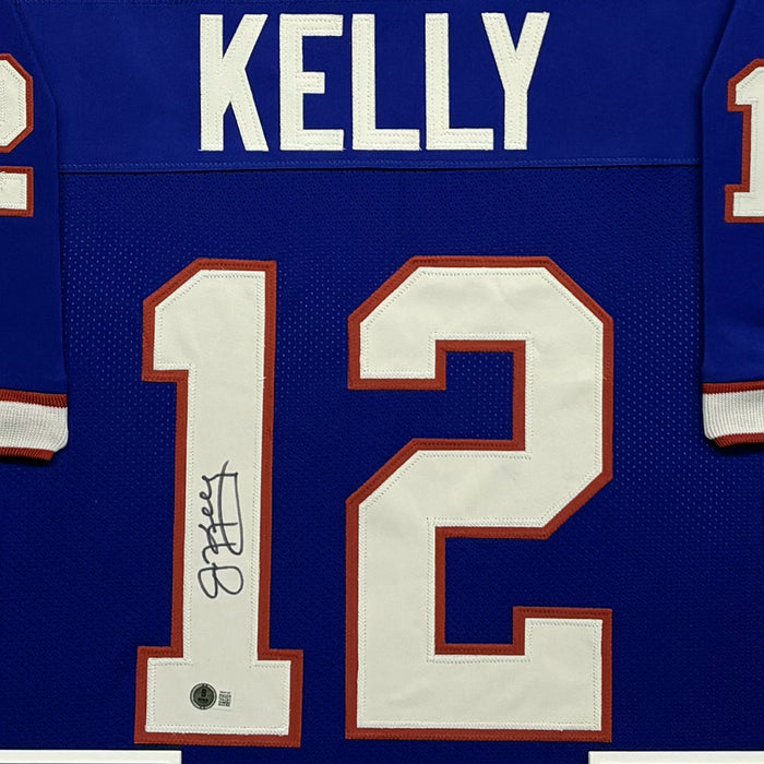 Jim Kelly Signed Buffalo Blue Custom Suede Matte Framed Football Jersey