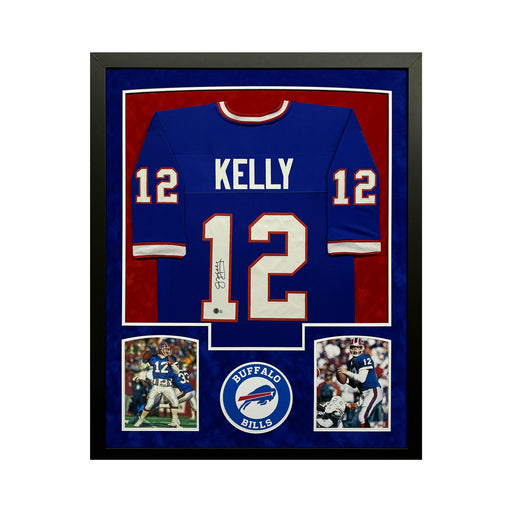 Jim Kelly Signed Buffalo Blue Custom Suede Matte Framed Football Jersey