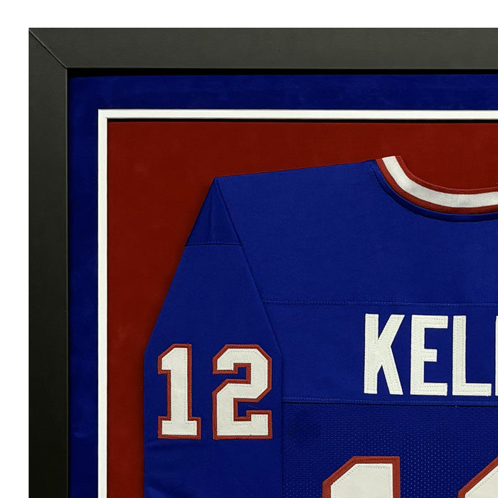 Jim Kelly Signed Buffalo Blue Stat Custom Suede Matte Framed Football Jersey