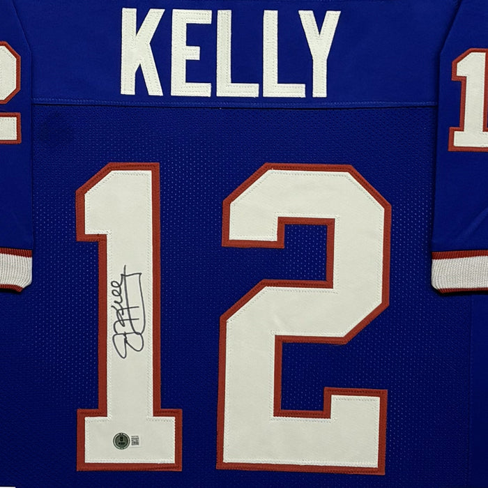 Jim Kelly Signed Buffalo Blue Stat Custom Suede Matte Framed Football Jersey