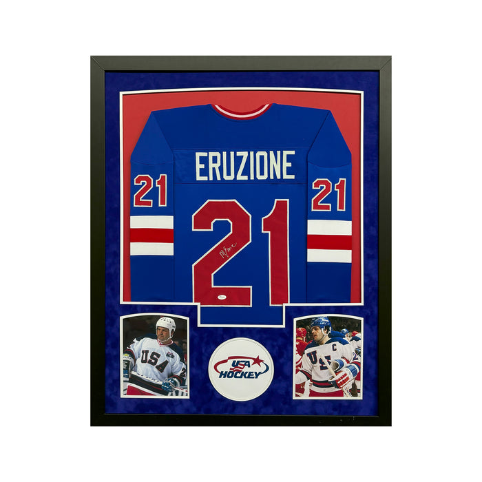 Mike Eruzione Signed Team USA Custom Suede Matte Framed Hockey Jersey