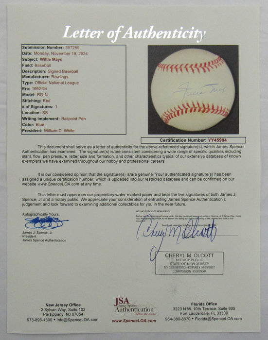 Willie Mays Signed Rawlings Baseball JSA LOA YY45994