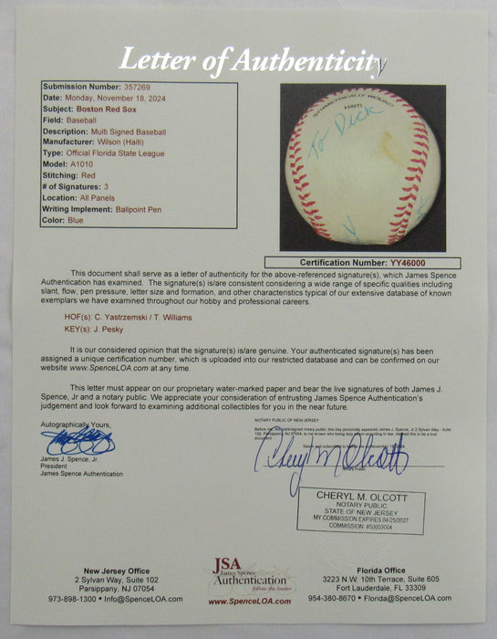 Ted Williams Carl Yastrzemski Johnny Pesky Multi Signed Rawlings Baseball JSA LOA YY46000