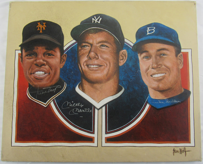 Mickey Mantle Willie Mays Duke Snider 20x24 Leon Wolf Canvas JSA LOA X25118