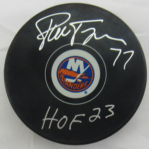 Pierre Turgeon Signed Islanders Logo Hockey Puck w/ Insc JSA Witnessed