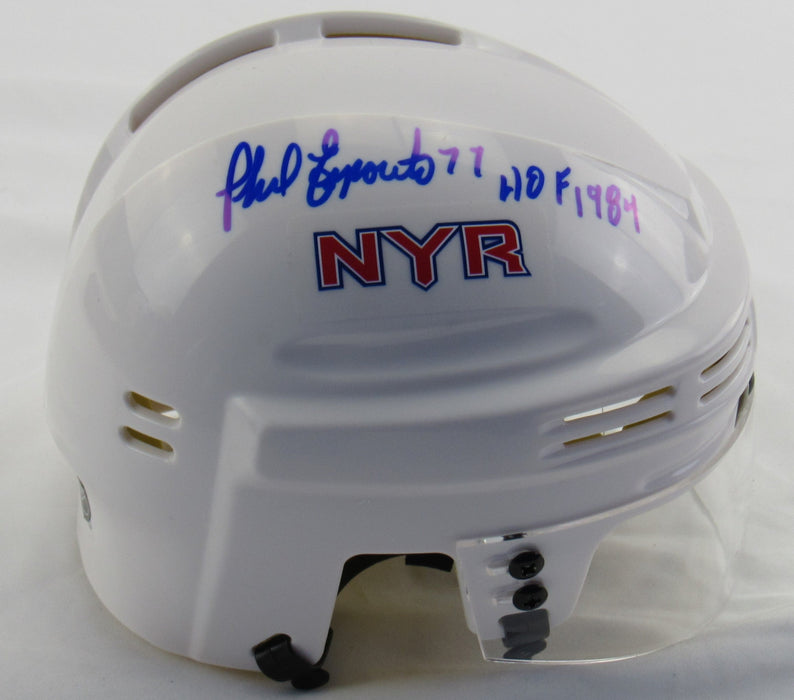 Phil Esposito Signed Rangers Mini Helmet w/ HOF Insc JSA Certified