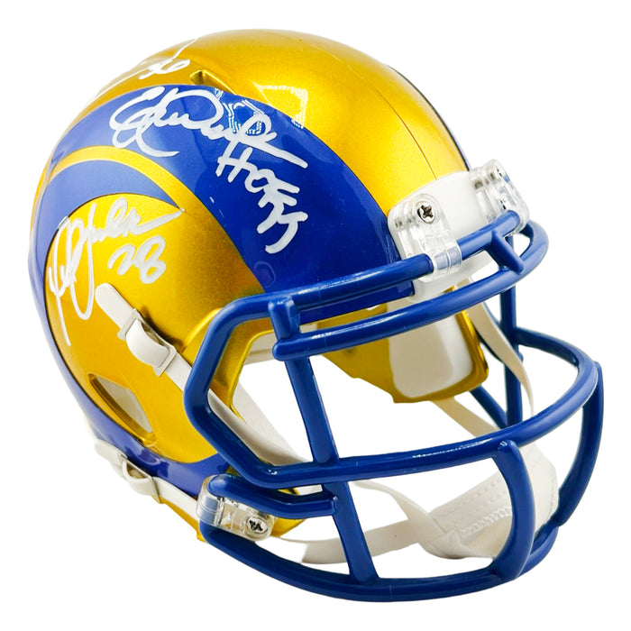 Marshall Faulk, Jerome Bettis & Eric Dickerson with HOF 99 Inscription Signed Los Angeles Rams Flash Mini Football Helmet (Beckett)