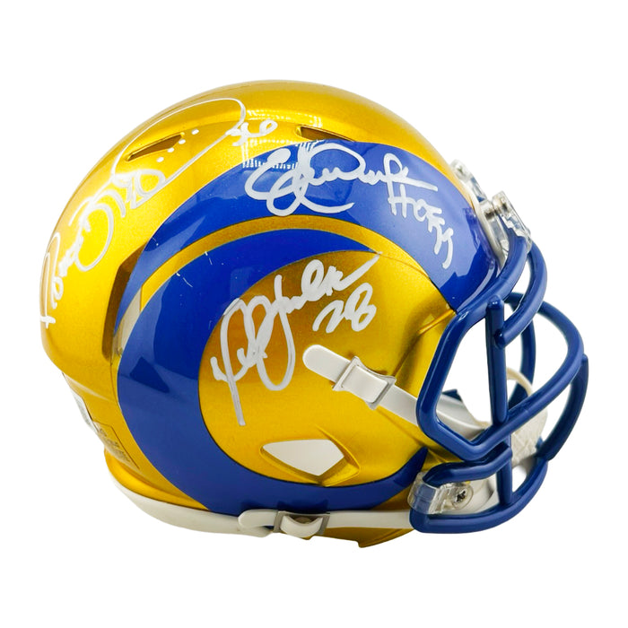 Marshall Faulk, Jerome Bettis & Eric Dickerson with HOF 99 Inscription Signed Los Angeles Rams Flash Mini Football Helmet (Beckett)