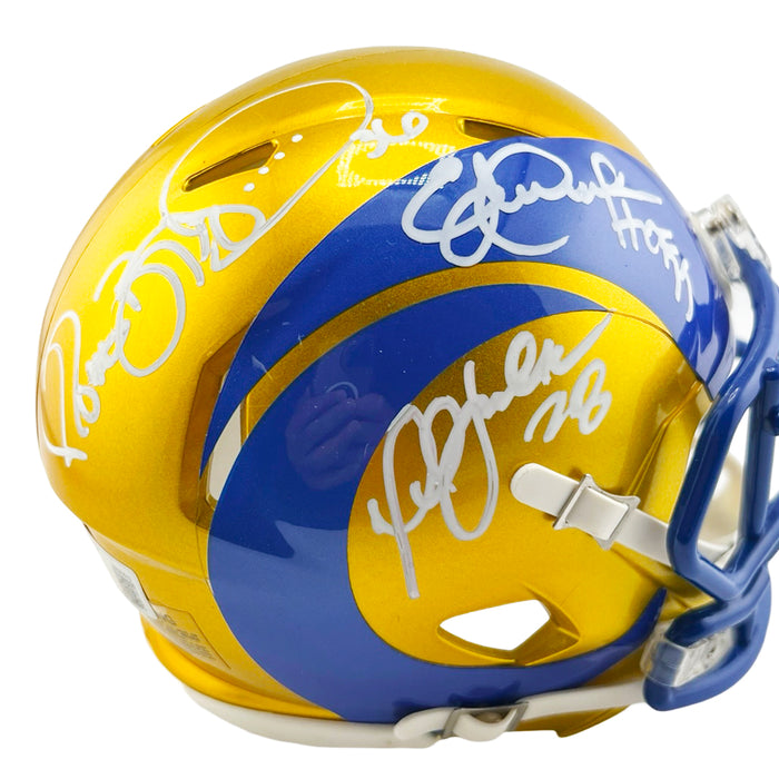Marshall Faulk, Jerome Bettis & Eric Dickerson with HOF 99 Inscription Signed Los Angeles Rams Flash Mini Football Helmet (Beckett)
