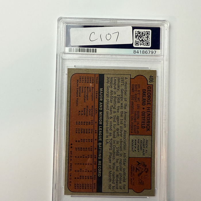 George Hendricks Signed 1972 Topps Rookie #406 w/3 Inscriptions PSA Auto Authentic