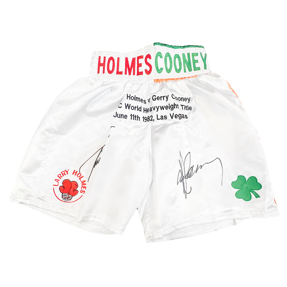 Larry Holmes Gerry Cooney Dual Signed White Boxing Trunks (JSA)