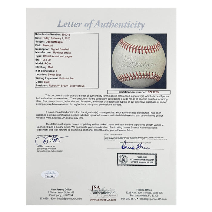 Joe DiMaggio Signed Rawlings Official American League Baseball (JSA)