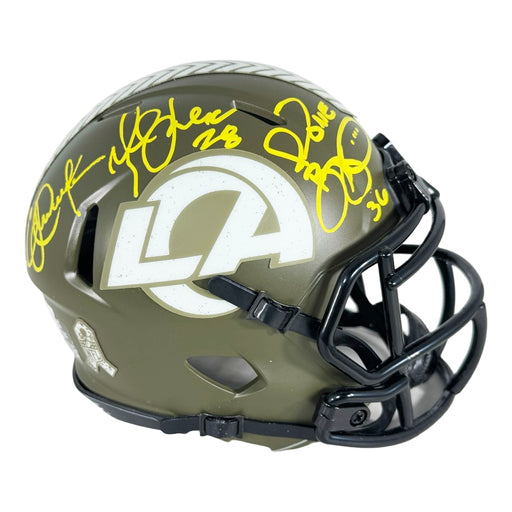 Marshall Faulk, Jerome Bettis & Eric Dickerson Signed HOF 99 Inscription Los Angeles Rams Salute to Service Mini Football Helmet (Beckett)