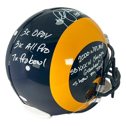 Marshall Faulk Signed Multi-Inscription St. Louis Rams Throwback 81-99 Authentic Full-Size Football Helmet White Ink (JSA)