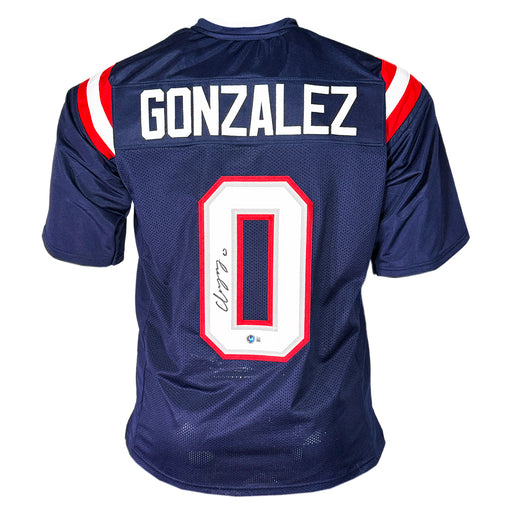 Christian Gonzalez Signed New England Blue Football Jersey (Beckett)