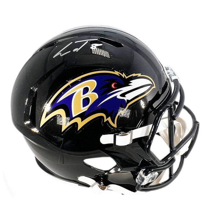 Lamar Jackson Signed Silver Ink Baltimore Ravens Speed Full-Size Replica Football Helmet (JSA) - RSA