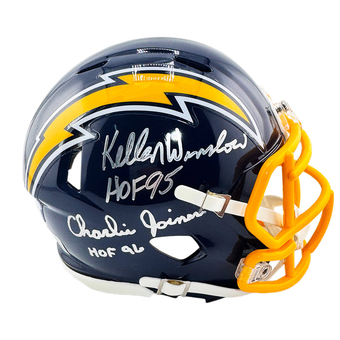 Kellen Winslow and Charlie Joiner Signed HOF 96, HOF 95 Inscription Los Angeles Chargers Throwback 74-87 Speed Mini Football Helmet (Beckett)