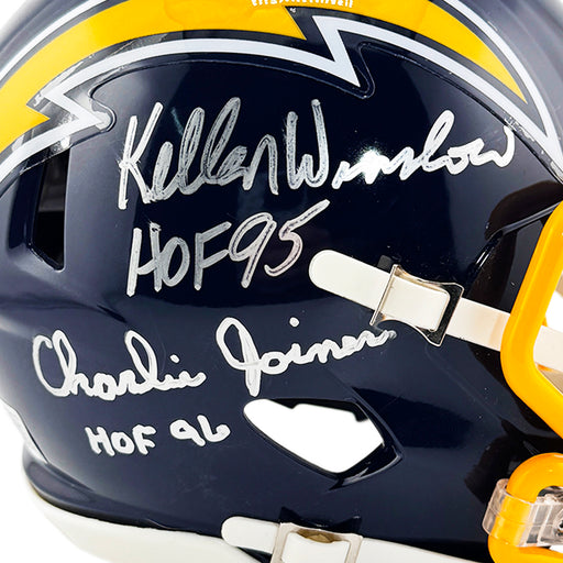 Kellen Winslow and Charlie Joiner Signed HOF 96, HOF 95 Inscription Los Angeles Chargers Throwback 74-87 Speed Mini Football Helmet (Beckett)