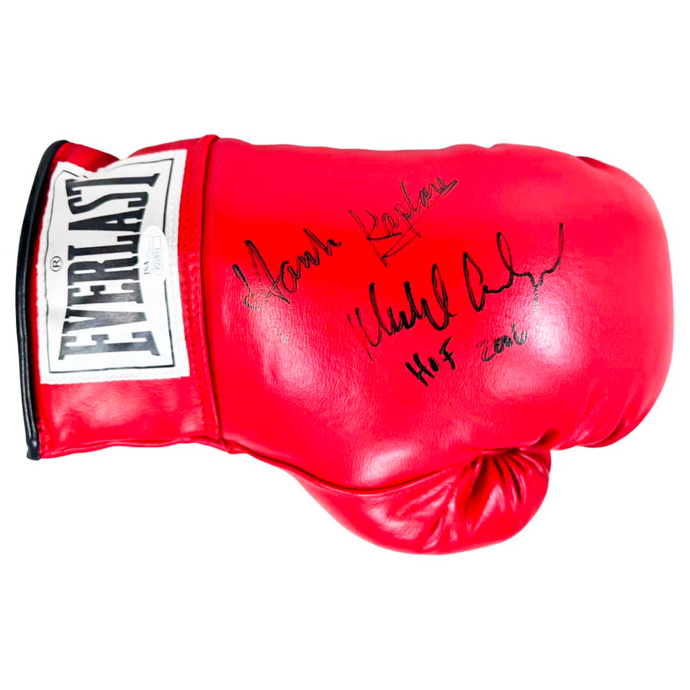 Hank Kaplan and Michael Carbajar Signed Hall of Fame 2006 Inscription Red Boxing Glove (JSA)