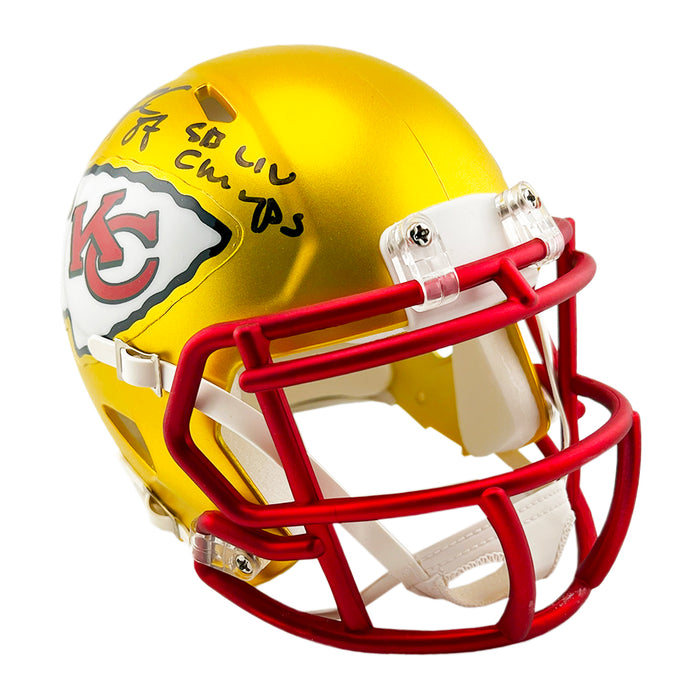 Travis Kelce Signed SB LIV Champs Inscription Kansas City Chiefs Blaze Mini Football Helmet (Beckett)