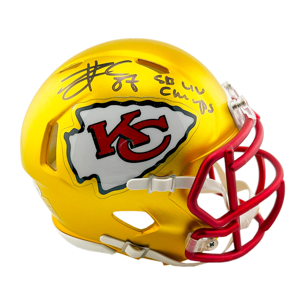 Travis Kelce Signed SB LIV Champs Inscription Kansas City Chiefs Blaze Mini Football Helmet (Beckett)