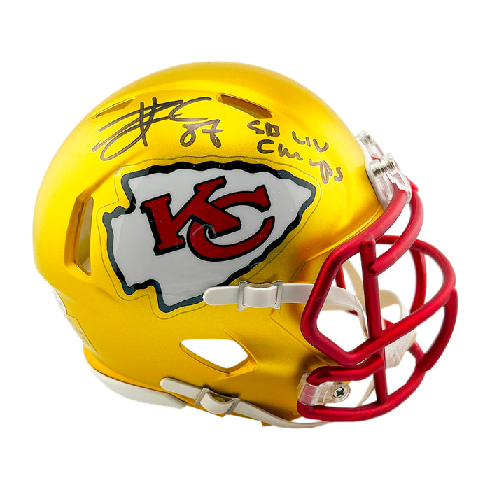 Travis Kelce Signed SB LIV Champs Inscription Kansas City Chiefs Blaze Mini Football Helmet (Beckett)