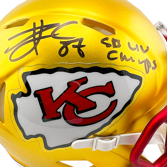 Travis Kelce Signed SB LIV Champs Inscription Kansas City Chiefs Blaze Mini Football Helmet (Beckett)