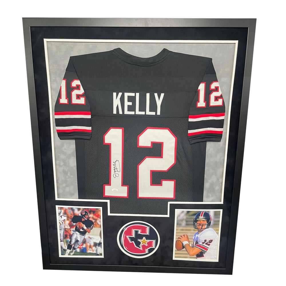 Jim Kelly Signed Houston Black Custom Double-Suede Framed football Jer — RSA