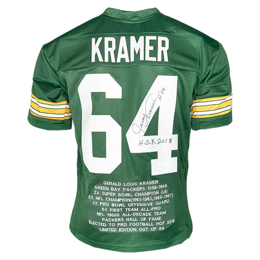 Jerry Kramer Signed HOF 2018 Inscription Green Bay Green Stats Football Jersey (JSA)
